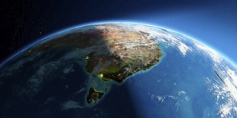 Highly detailed Earth with atmosphere, exaggerated relief and light-flooded cities. Transition from night to day. Australia and Tasmania. 3D rendering. Elements of this image furnished by NASA