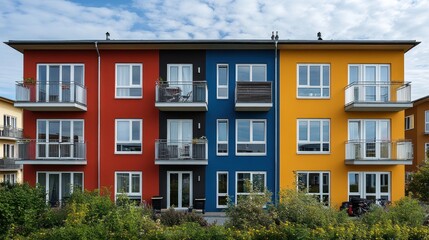 Naklejka premium Colorful apartment building, sunny day, suburban setting