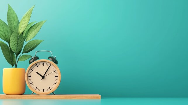 Modern Clock with Green Plant on a Solid Turquoise Background for Daylight Savings Concept