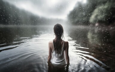 Obraz premium Suicidal thoughts, a young depressive woman with suicidal intent stands in the water by a lake in the rain, AI generated, AI generated