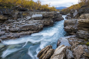Autumnal Abisko Canyon, River Abiskojåkka, Abiskojakka, Abisko National Park, Norrbottens, Norrbottens län, Laponia, Lapland, Sweden, Europe