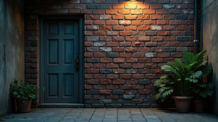 Nighttime ambiance of a weathered brick wall, a dark teal door, and potted plants under a single light
