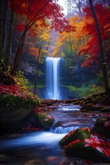 Waterfall in a forest in autumn with vibrant leaves, AI generated