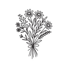 Hand drawn flower. Wildflower line art bouquets, wild plant, botanical vector illustration	