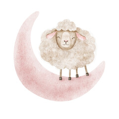 Dreamy sheep standing on pink crescent moon. Fluffy lamb in sky. Isolated hand drawn baby watercolor illustration. Clipart for children's rooms design, linen, poster, baby shower cards
