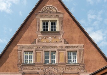 Ornate gable of a house in the Fishmongers' District of Colmar, France, Europe