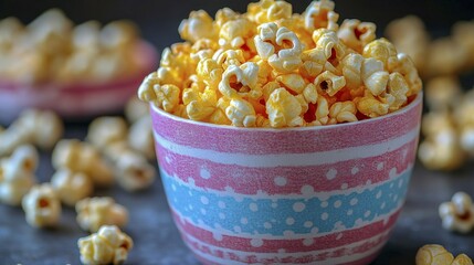 Close-up of popcorn in a striped container with a vivid colorful background, AI generated