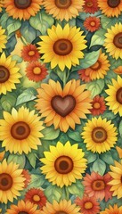 Illustration of numerous sunflowers with a heart-shaped center amidst lush green leaves, radiating vibrant yellow and orange hues, AI generated