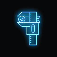 Glowing neon icon of a caliper measuring tool with a bright blue outline on a black background