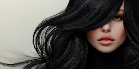 Fototapeta premium Woman with flowing black hair on light background. Beauty and hair care content