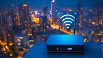 Futuristic smart city at night with glowing wireless network connections, iot technology, and digital data streams representing 5g, ai, and connectivity in urban environments


