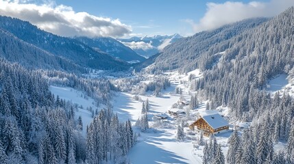 Aerial view snowy alpine valley chalet winter landscape