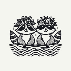 Obraz premium Two charming raccoons with flower crowns sit adorably on waves, embodying a playful and whimsical nature-themed illustration.
