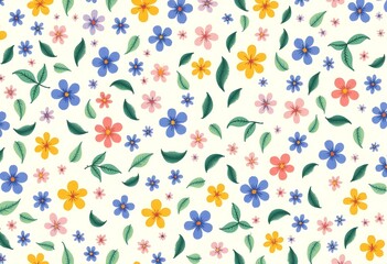 Cute floral background with small, colorful flowers in shades of blue, navy, and green