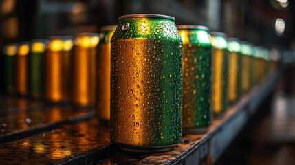 Rows of aluminum cans arranged in neat order representing mass production and consumption of beverages modern minimalist bright tone blurred with empty space for captions