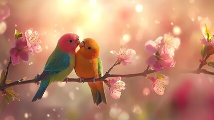 Lovebirds in harmony, together forever on a branch, couple of birds
