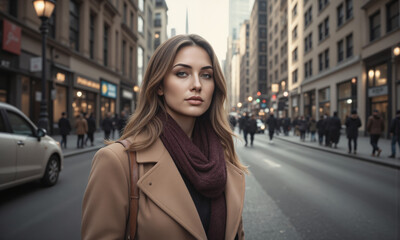 Fototapeta premium A woman in a mocha mousse-colored coat and scarf, standing on a busy city street, looking ahead with confidence