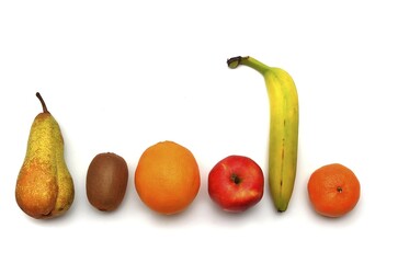 Various fruits, tangerine, apple, pear, banana, kiwi, orange