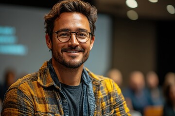Obraz premium Caucasian person man smiling while presenting a concept using a projector.
