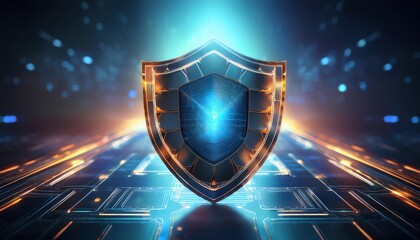 A glowing digital shield represents cybersecurity, surrounded by abstract technology elements and glowing circuits.