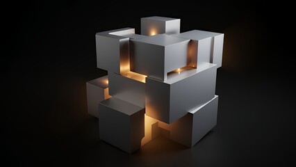 Obraz premium メタリックなキューブとパネルが組み合わさった立体的な抽象彫刻