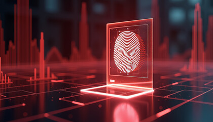 A holographic laptop with a fingerprint on the screen, symbolizing cybersecurity and digital identification in the world of high technology