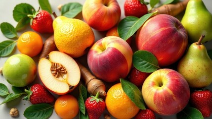 A vibrant collection of fresh fruits including pears, apples, strawberries, and citrus fruits arranged artfully with lush green leaves.