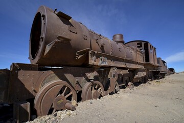 Rusted old locomotive, Cementerio de los Trenes, Uyuni Municipality, Uyuni Municipality, Potos&iacute; Department, Altiplano, Bolivia, South America