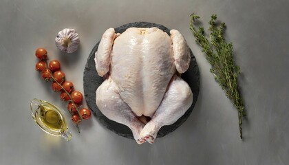 Naklejka premium Food, whole raw chicken on the table, AI generated, AI generated