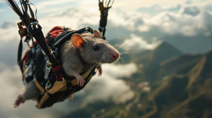 Fototapeta premium Brave Rat Soaring Through the Sky in a Tiny Parachute