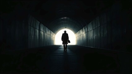 Silhouette of a man at a tunnels entrance with a stark contrast, AI generated