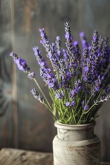 Fototapeta premium Lavender flowers (Lavendula) in a vase in a rustic, rural ambience, AI generated, AI generated, AI generated