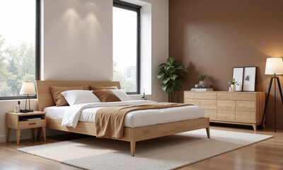 A stylish, minimalist bedroom with mocha mousse walls and a modern wooden bed frame.
