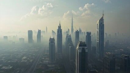 Naklejka premium Aerial view of a mega city with smog and pollution, AI generated