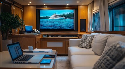 Luxury yacht lounge, sunset view, laptop, work