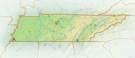 Tennessee, shaded relief map, USA, North America