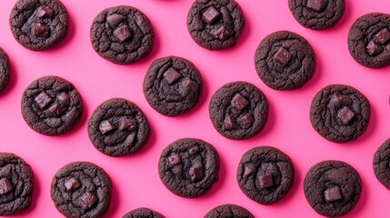 Overhead view of freshly baked chunky chocolate cookies cooling on parchment paper against a bright pink background.