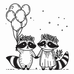 Naklejka premium Two cute raccoons holding hands, one with balloons and the other in a dress, adorned with flower crowns, set against a whimsical background.