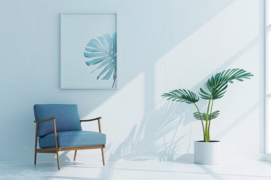 An empty white interior featuring a blue chair, a leafy monstera in a pot, and a wall adorned with a single painting.