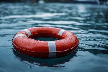 A red life preserver floating gently on dark water. The life ring is wet, suggesting recent use or rain