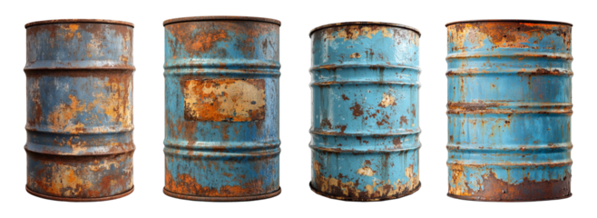 old rusty blue steel oil barrel isolated on transparent background