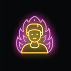 Neon style icon depicting a man surrounded by flames, illustrating burnout syndrome