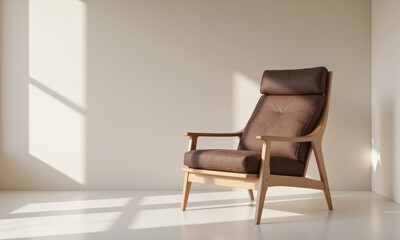 A Scandinavian-inspired lounge chair with a light wood frame and mocha mousse wool upholstery, positioned in front of a minimalist, cream-colored wall