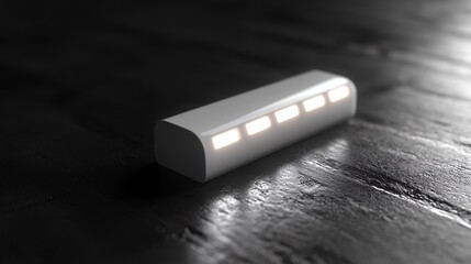 Illuminated rectangular device on dark wood