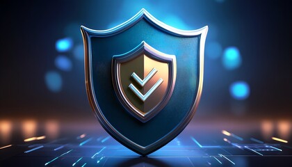 A futuristic shield emblem, symbolizing security and protection, set against a glowing digital background.