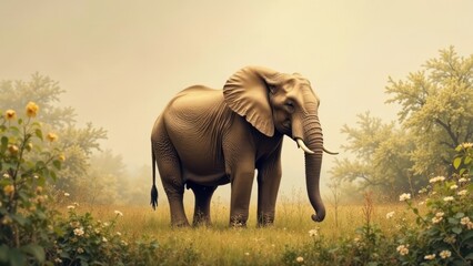 Fototapeta premium A Majestic Elephant Stands Serenely in a Misty Meadow, Surrounded by Blooming Wildflowers