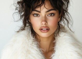 Elegant portrait of a young woman in a white fur coat
