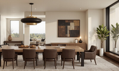 A contemporary dining room with a long wooden table in a warm walnut finish, surrounded by sleek leather chairs in a deep mocha