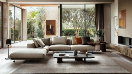 Fototapeta premium Modern Living Room Interior Design with Sectional Sofa and Garden View