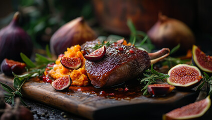 Crispy skin duck breast with fig compote and mashed sweet potatoes